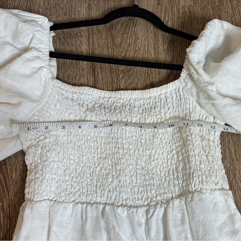 Tuckernuck Annie Smocked Mini Linen Dress in White Medium Puff Sleeves - Picture 7 of 8
